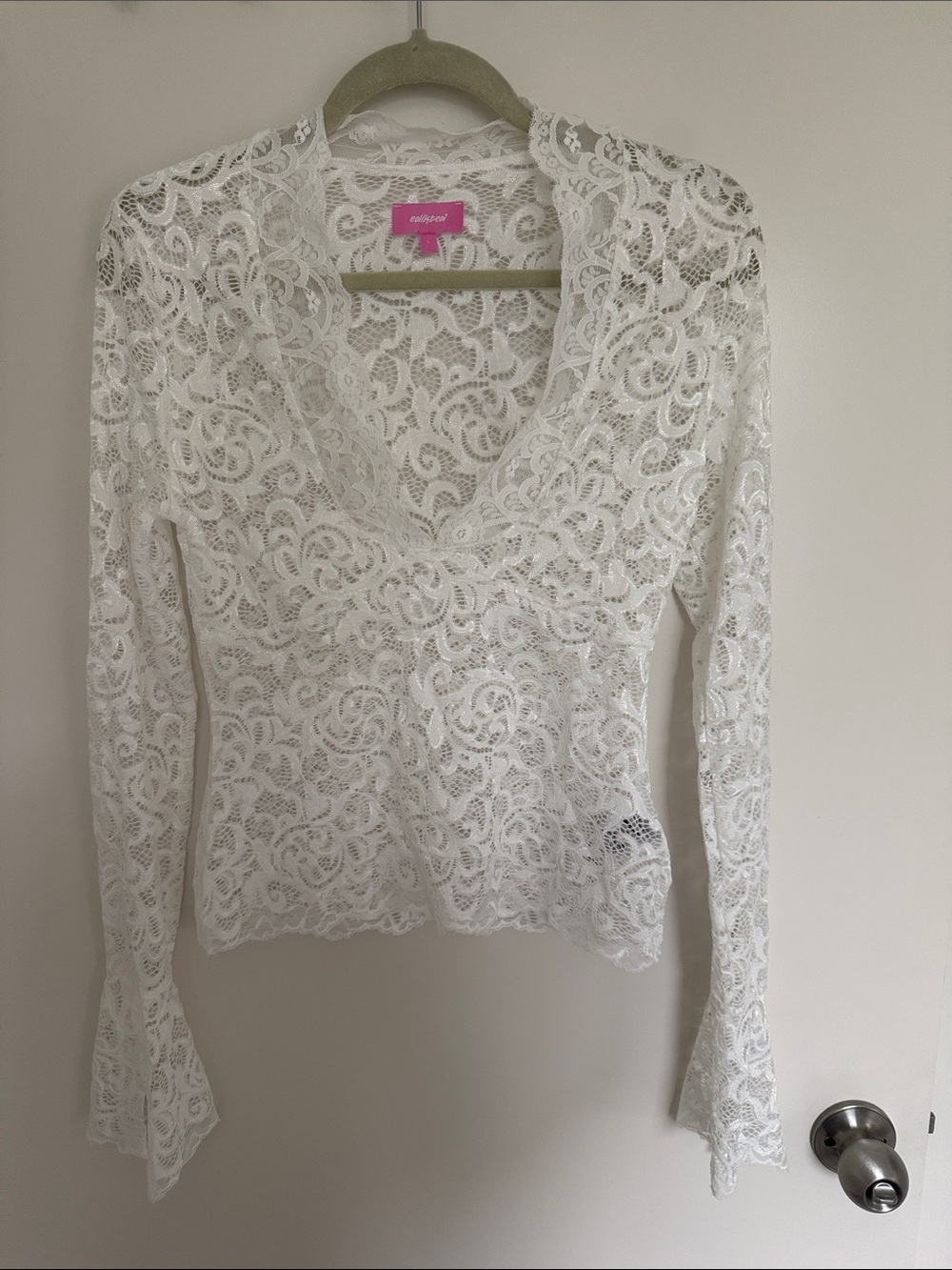 Edikted White Floral Lace V-Neck Long Sleeve Top